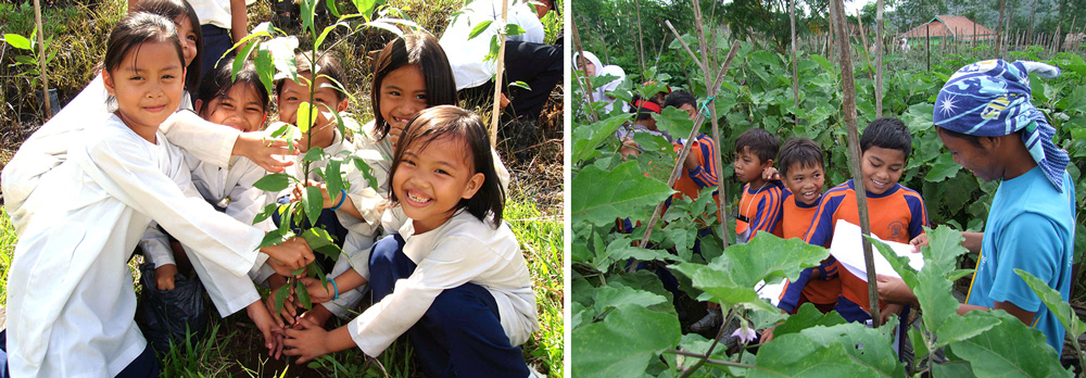 左) 植林活動の様子,右) 有機農業の勉強